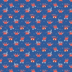 S. Cute playful crabs with goggles and snorkels in a dark blue ocean, small scale