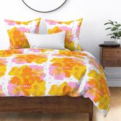 Fresh And Flirty Mitzi Pink, Yellow And Orange Big Flowers Palm Royale Summer 60’s Florida Beach Resort Retro Modern Overlay Cheerful Bright Pastel With Turquoise Tropical Citrus Floral Bouquet California Palm Springs Pool Blooms Half-Drop Pattern