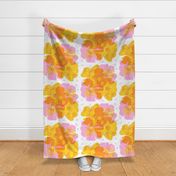 Fresh And Flirty Mitzi Pink, Yellow And Orange Big Flowers Palm Royale Summer 60’s Florida Beach Resort Retro Modern Overlay Cheerful Bright Pastel With Turquoise Tropical Citrus Floral Bouquet California Palm Springs Pool Blooms Half-Drop Pattern