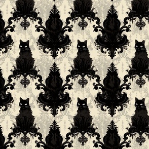 Mystical Midnight Cat - Gothic Damask Pattern