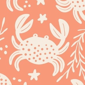 Playful Beach Crabs - Coral Orange - Large scale