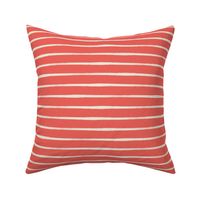 Nautical stripes, Brush stroke horizontal stripes, cream white painterly lines on coral red