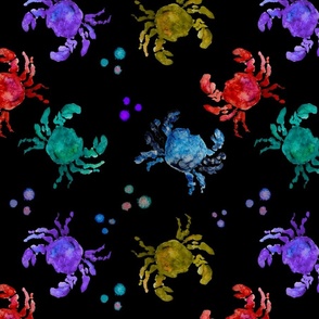 Iridescent Crabs, Hand-Painted Crustaceans, Black Background
