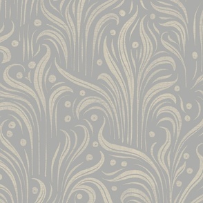 Large Romantic Decorative Swirls Greenery Botanical Wallpaper in white dove and metal grey