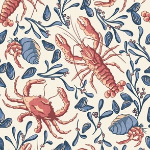 Crustacean Toss - Large - Nantucket Reds and Blues - Linen Texture - Lobster, Crab, Hermit Crab, Seaweed