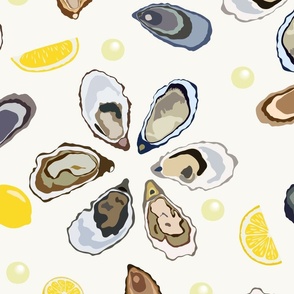 Half a dozen Oysters with lemons and pearls – off white background – Extra large (XL) Scale – hues reminiscent of the ocean's depths exude an aura of sophistication and maritime elegance with a sense of luxury and sophistication for textiles and wallpaper
