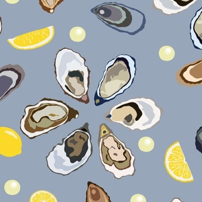 Half a dozen Oysters with lemons and pearls – blueish  background – Extra large (XL) Scale – hues reminiscent of the ocean's depths exude an aura of sophistication and maritime elegance with a sense of luxury and sophistication for textiles and wallpaper