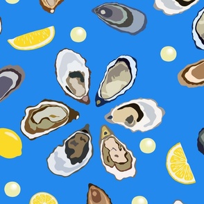 Half a dozen Oysters with lemons and pearls – bright blue background – Extra large (XL) Scale – hues reminiscent of the ocean's depths exude an aura of sophistication and maritime elegance with a sense of luxury and sophistication for textiles and wallpap