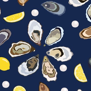 Half a dozen Oysters with lemons and pearls – dark blue background – Extra large (XL) Scale – hues reminiscent of the ocean's depths exude an aura of sophistication and maritime elegance with a sense of luxury and sophistication for textiles and wallpaper