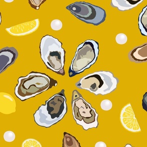Half a dozen Oysters with lemons and pearls – ocher ochre orange background – Extra large (XL) Scale – hues reminiscent of the ocean's depths exude an aura of sophistication and maritime elegance with a sense of luxury and sophistication for textiles and 