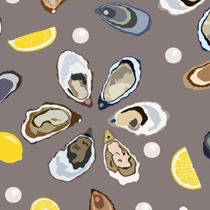 Half a dozen Oysters with lemons and pearls – grey brown background – Extra large (XL) Scale – hues reminiscent of the ocean's depths exude an aura of sophistication and maritime elegance with a sense of luxury and sophistication for textiles and wallpape