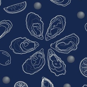 Half a dozen Oysters with lemons and pearls drawn in delicate lineart – offwhite lines with dark blue background – Extra large (L) Scale – marine-inspired monochromatic with a sense of luxury and sophistication for textiles and wallpaper