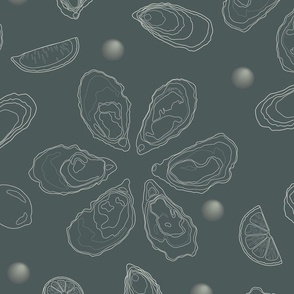 Half a dozen Oysters with lemons and pearls drawn in delicate lineart – offwhite lines with dark greenish grey background – Extra large (XL) Scale – marine-inspired monochromatic with a sense of luxury and sophistication for textiles and wallpaper 