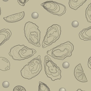 Half a dozen Oysters with lemons and pearls drawn in delicate lineart – black lines with greenish beige brown background – Extra large (XL) Scale – marine-inspired monochromatic with a sense of luxury and sophistication for textiles and wallpaper 