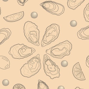 Half a dozen Oysters with lemons and pearls drawn in delicate lineart – black lines with a blush peach background – Extra large (XL) Scale – marine-inspired monochromatic with a sense of luxury and sophistication for textiles and wallpaper 
