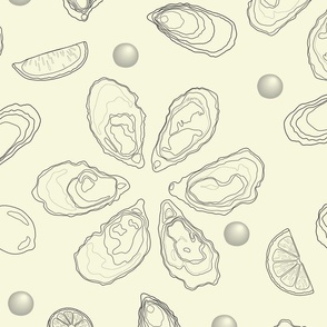 Half a dozen Oysters with lemons and pearls drawn in delicate lineart – black lines with light yellow background – Extra large (XL) Scale – marine-inspired monochromatic with a sense of luxury and sophistication for textiles and wallpaper 