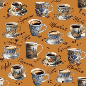 Vintage Coffee Pattern | Cozy | Caramel Brown Background