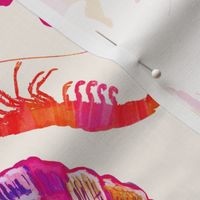 Colorful Watercolor Crab and Shrimp Shellfish in Crustacean-Core Coastal Chic, Tropical Summer Colors - Vibrant Orange and Pink on Cream