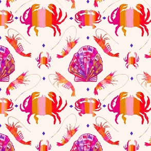 Colorful Watercolor Crab and Shrimp Shellfish in Crustacean-Core Coastal Chic, Tropical Summer Colors - Vibrant Orange and Pink on Cream