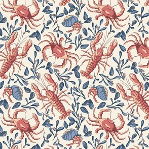 Crustacean Toss - Medium - Nantucket Reds and Blues - Linen Texture - Lobster, Crab, Hermit Crab, Seaweed