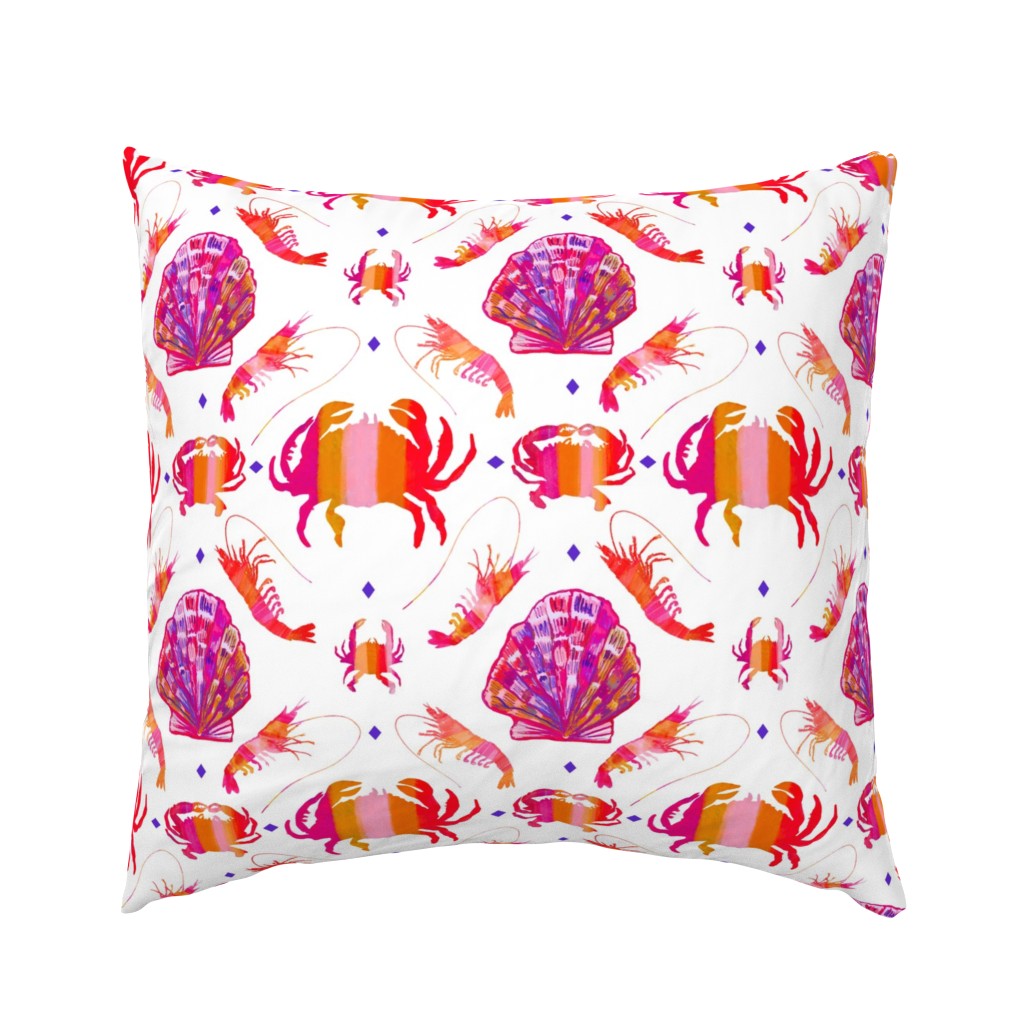 Colorful Watercolor Crab and Shrimp Shellfish in Crustacean-Core Coastal Chic, Tropical Summer Colors - Vibrant Orange and Pink on White