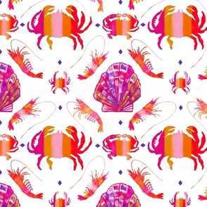 Colorful Watercolor Crab and Shrimp Shellfish in Crustacean-Core Coastal Chic, Tropical Summer Colors - Vibrant Orange and Pink on White