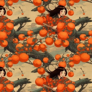 japanese kimono warrior girl in the orange grove inspired by yoshitoshi