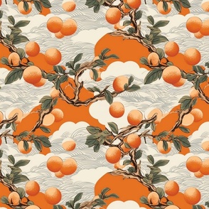 japanese orange grove in the white ocean clouds inspired by yoshitoshi