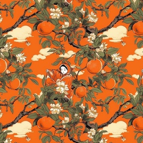 japanese kawaii fairy child in the orange grove inspired by yoshitoshi