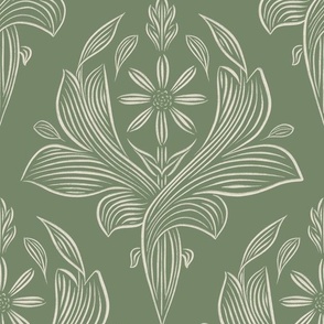 large scale // classic botanical line art - pale grey chalk_ traditional green