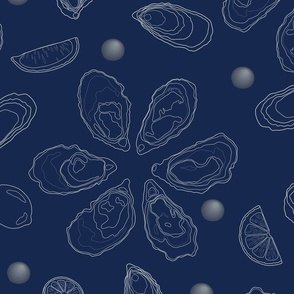 Half a dozen Oysters with lemons and pearls drawn in delicate lineart – offwhite lines with dark blue background – Extra large (XL) Scale – marine-inspired monochromatic with a sense of luxury and sophistication for textiles and wallpaper 