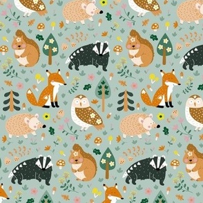 (SMALL) Cute Woodland Animals among Mushrooms, Trees and Autumn Leaves on Light Green