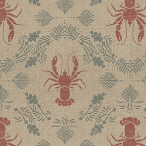 lobster Damask on linen-look weave flax -red-green block print style