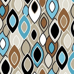 Mid Century Leaves // Turquoise Blue, Khaki Tan, Brown, Black and White // Medium Scale Fabric - 500 DPI // JUMBO Scale Wallpaper - 250 DPI