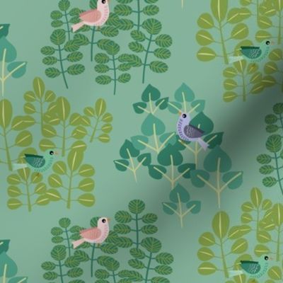Birds and Leafy Trees on Light Bluegreen Background