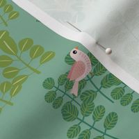Birds and Leafy Trees on Light Bluegreen Background