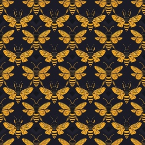 Starry Night Bees: Dark Navy and Golden Yellow Bee Pattern