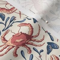 Crustacean Toss - Small - Nantucket Red and Blue - Linen Texture - Lobster, Crab, Hermit Crab, Seaweed