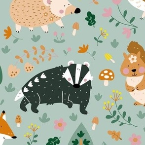(LARGE) Cute Woodland Animals among Mushrooms, Trees and Autumn Leaves on Light Green
