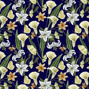 Botanical with White Lilies,  Daffodils,  Arum Lilies and Butterflies, Navy Blue Background Small Scale