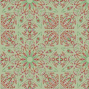 Star and Flower in Mock Embroidery Christmas Red and Green on Sage Green