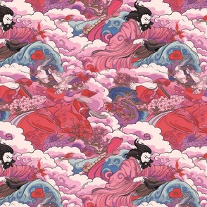 japanese storm god on floral ocean waves of pink and red inspired by yoshitoshi