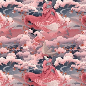 japanese warrior maiden with a sword in pink ocean dream inspired by yoshitoshi