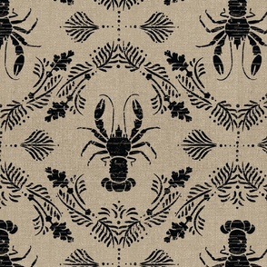 lobster Damask on linen-look weave flax and black block print style