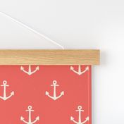 M. Cream white Anchors on Coral Red nautical coastal, medium scale