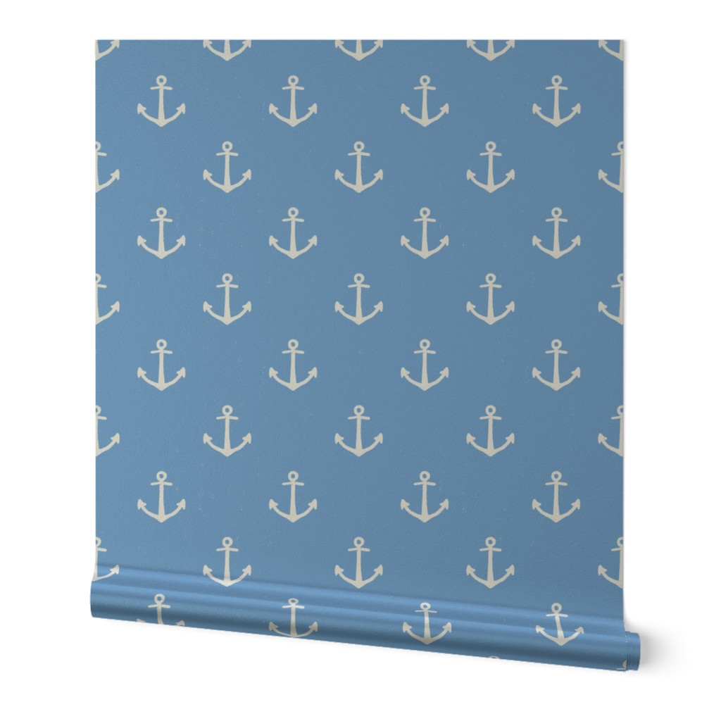 M. Cream white Anchors on Sky Blue nautical coastal, medium scale