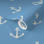 M. Cream white Anchors on Sky Blue nautical coastal, medium scale