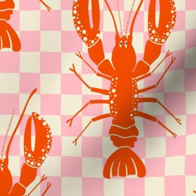 Crustacean Core - Cooked Lobsters on Pastel Pink Checks - 10x10 inch repeat