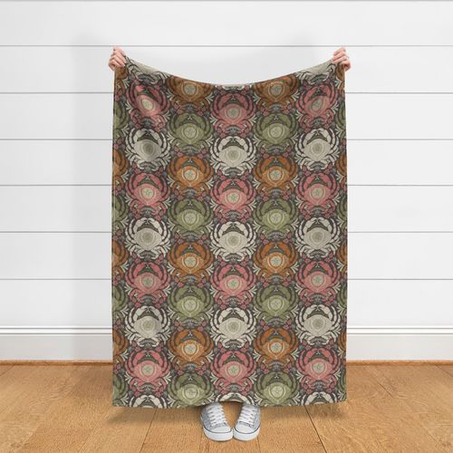 Large Bohemian Beauty of the Sea Crabs in dusty pink, olive green, rust orange, brown and cream