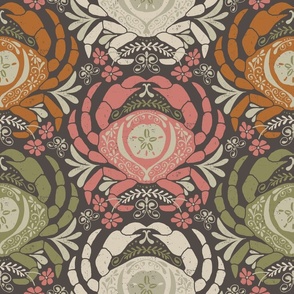 Bohemian Beauty of the Sea Crabs in dusty pink, olive green, rust orange, brown and cream